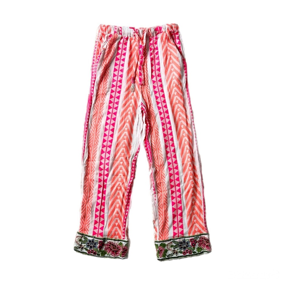 Farm Rio Geometric Cotton Pants Pink Orange Floral Embroidered Size XS